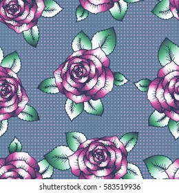 Seamless pattern with roses and leaves. Vector illustration. Halftone effect. Dots illustration, old newspaper effect, perfect for vintage decoration, greeting or invitation card, textile design