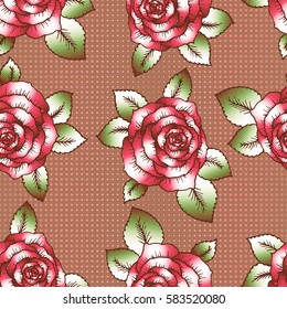 Seamless pattern with roses and leaves. Vector illustration. Halftone effect. Dots illustration, old newspaper effect, perfect for vintage decoration, greeting or invitation card, textile design