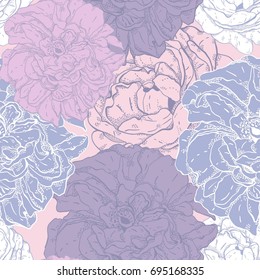 Seamless pattern with roses in lilac tone