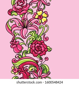 Seamless pattern with roses and lilies. Beautiful decorative flowers, buds and leaves.