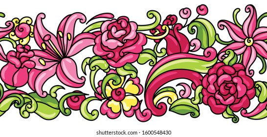 Seamless pattern with roses and lilies. Beautiful decorative flowers, buds and leaves.
