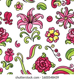 Seamless pattern with roses and lilies. Beautiful decorative flowers, buds and leaves.