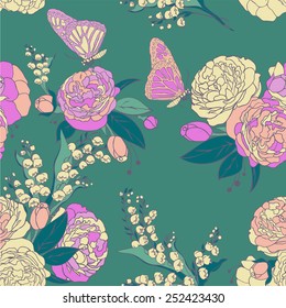 Seamless pattern with roses, lilies and butterflies on a yellow background