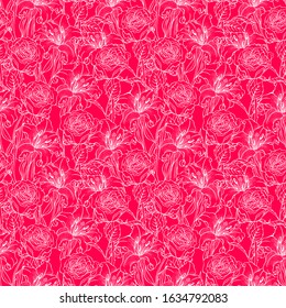 Seamless pattern with roses and lilies. Hand drawn illustration