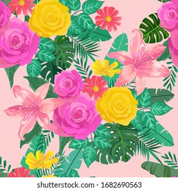 Seamless pattern with roses and lilies on pink background.