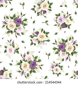 Seamless pattern with roses and lisianthus flowers. Vector illustration.