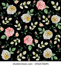 Seamless pattern with roses on a black background. Twigs with green leaves of roses, lush pink, yellow, peach roses, rosebuds. Watercolor. Drawn by hand. Square vector illustration. Eps 10.