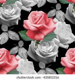 Seamless pattern with roses on a black background.Vector illustration.