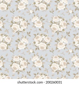 Seamless pattern with roses on blue. Vector illustration.
