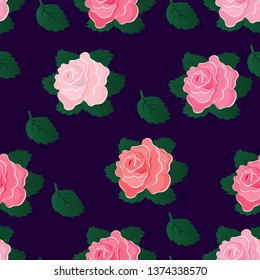 Seamless pattern with roses on a dark blue background