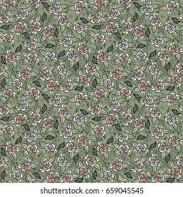 
Seamless pattern with roses on a green background. Dessert for wrapping, cloth, wallpaper. Bright background. Vector illustration and textile.