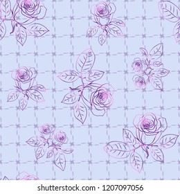 Seamless pattern with roses on plaid background. Vector illustration