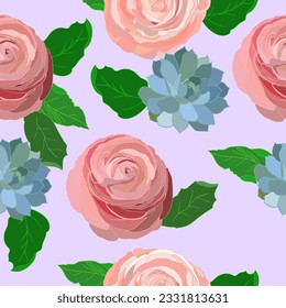 Seamless pattern with roses on a soft lilac background for textiles, prints, mobile covers