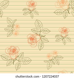 Seamless pattern with roses on striped background. Vector illustration.