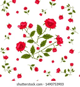 Seamless pattern of roses on their stems with green leaves print, fabrics