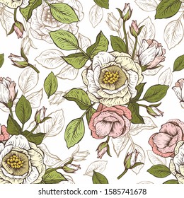 Seamless pattern with roses on a  white background. Design of fabric, packaging, wrapping paper. Vector illustration.