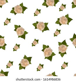 Seamless pattern with roses on a white backdrop, vector illustration. Perfect for backgrounds of greeting cards and wedding invitations, birthday, Valentine's Day, Mother's Day.