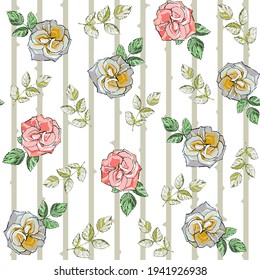 Patrón sin foco con rosas sobre un fondo blanco. Rastros verticales. Ramas con hojas de rosa verdes, rosa, amarillo, rosas melocotones, palomitas. Ilustración vectorial cuadrada. Eps 10.
