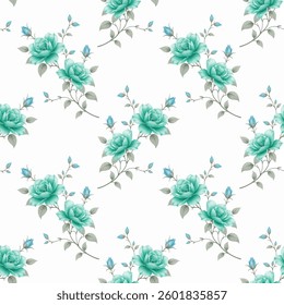 A seamless pattern of roses on a white background. The roses are depicted in a detailed, somewhat stylized, realistic manner, with a focus on petal shapes and shading.
