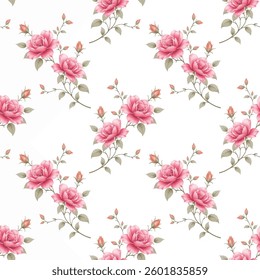 A seamless pattern of roses on a white background. The roses are depicted in a detailed, somewhat stylized, realistic manner, with a focus on petal shapes and shading.
