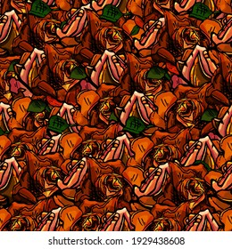 Seamless pattern of roses, orange, cartoon style, flowers, wallpaper, gift paper, print, fabric, for clothes, greeting, congratulations, anniversary, typography, bloom, botanical, floral, plant, rose