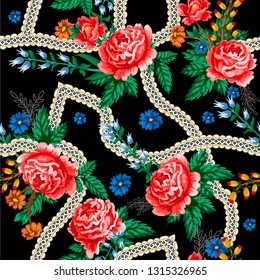 Seamless pattern with roses and ornament.