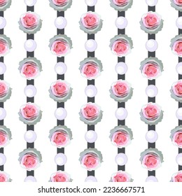 Seamless pattern of roses, pearls and decorative stripes. Vector stock illustration eps10.