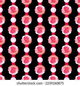 Seamless pattern of roses, pearls and decorative stripes. Vector stock illustration eps10.