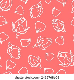 Seamless pattern with roses, petals. Hand drawn vector illustration in outline style.