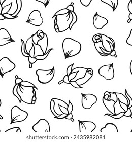 Seamless pattern with roses, petals. Hand drawn vector illustration in outline style.