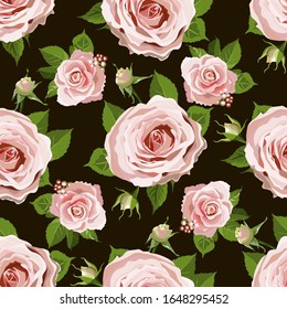 Patrón sin problemas con rosas. Flores rosas, hojas, bayas sobre fondo negro. Patrón colorido abstracto en estilo floral. Idea para material, pañuelo, tela, textil, papel pintado, papel envuelto. Vector