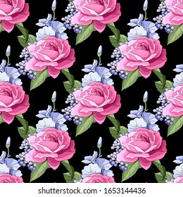 Nahtloses Muster mit Rosen. rosafarbene Blumen, Blätter auf schwarzem Hintergrund. Abstrakte bunte Muster im Blumenstil. Idee für Material, Schal, Stoff, Textilien, Tapete, Wickelpapier. Vektorillustration