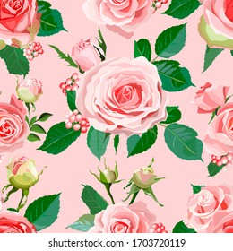 Patrón sin problemas con rosas. Flores rosas, hojas sobre fondo blanco. Patrón colorido abstracto en estilo floral. Idea para material, pañuelo, tela, textil, papel pintado, papel envuelto. Vector