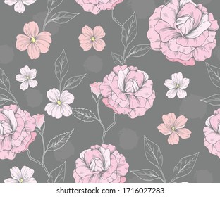 Seamless pattern with roses and pink flowers