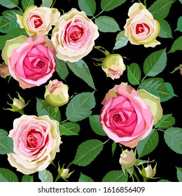 Seamless pattern with roses. Pink realistic flowers with leaves on black background. Abstract pattern illustration in floral style. Idea for material, scarf, fabric, textile, wallpaper, wrapping paper
