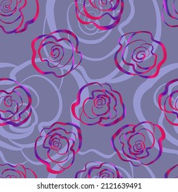 Seamless pattern, roses red to purple gradient smoky on a gray background, hand-draw for your projects, for fabric, for cover,wallpaper,wrapping,design solution