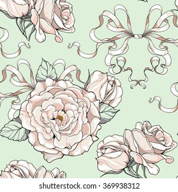 seamless pattern with roses and ribbons, wedding theme