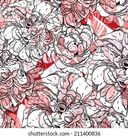 Seamless pattern with roses and rose hips