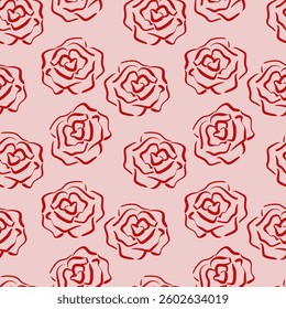 Seamless pattern with roses in sketch style. Simple silhouettes of red roses on a pink background. Floral texture. Perfect for textiles, wallpaper, packaging and wrapping paper. Vector illustration