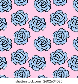 Seamless pattern with roses in sketch style. Simple silhouettes of blue roses on a pink background. Floral texture. Perfect for textiles, wallpaper, packaging and wrapping paper. Vector illustration