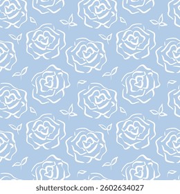 Seamless pattern with roses in sketch style. Simple silhouettes of white roses on a blue background. Floral texture. Perfect for textiles, wallpaper, packaging and wrapping paper. Vector illustration