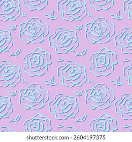 Seamless pattern with roses in sketch style. Simple silhouettes of blue roses on a violet background. Floral texture. Perfect for textiles, wallpaper, packaging and wrapping paper. Vector illustration