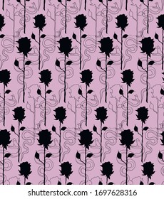 Seamless pattern with roses and snakes in black and pink colours 