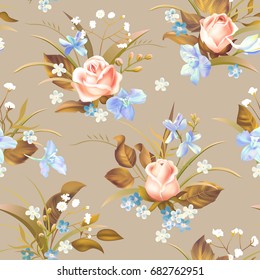 Seamless pattern with roses and spring flowers. Vector illustration.