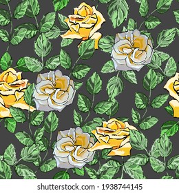 Seamless pattern with roses. Square floral vector illustration. Yellow and cream large roses, graceful rose petals. Grey background. Used for printing on paper, fabric, wallpaper, packaging, etc.