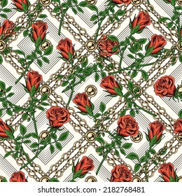 Seamless pattern with roses with stem, geometric rhombus grid of gold chains behind on a white background. Bright classic vector illustration.