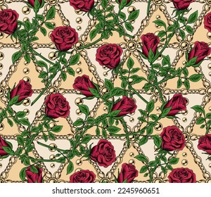 Seamless pattern with roses with stem, geometric triangle grid with gold chains, beads. Jewelry background.