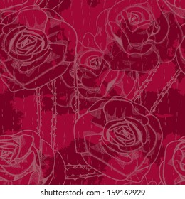 Seamless pattern of roses with stems and studs with stains and scratches