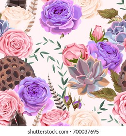 Seamless pattern with roses and succulents