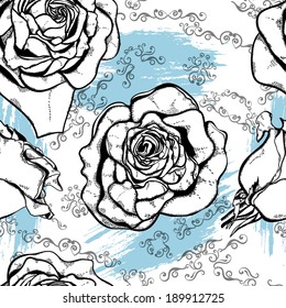 Seamless pattern with roses, swirls and brush strokes